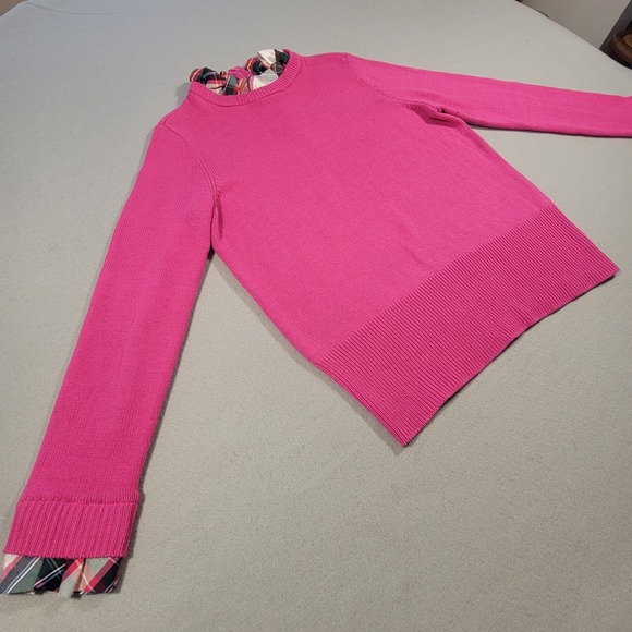 Crown & Ivy‎ Sweater Pink Knit Ruffle Plaid Trim Holiday Pullover Women's Medium - Picture 2 of 9